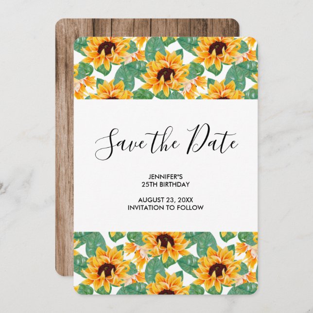 Pretty Sunflower Pattern Yellow & Green Birthday Save The Date (Front/Back)