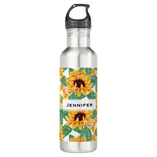 Pretty Sunflower Pattern Yellow & Green Stainless Steel Water Bottle (Front)
