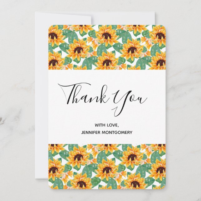 Pretty Sunflower Pattern Yellow & Green Thank You Card (Front)
