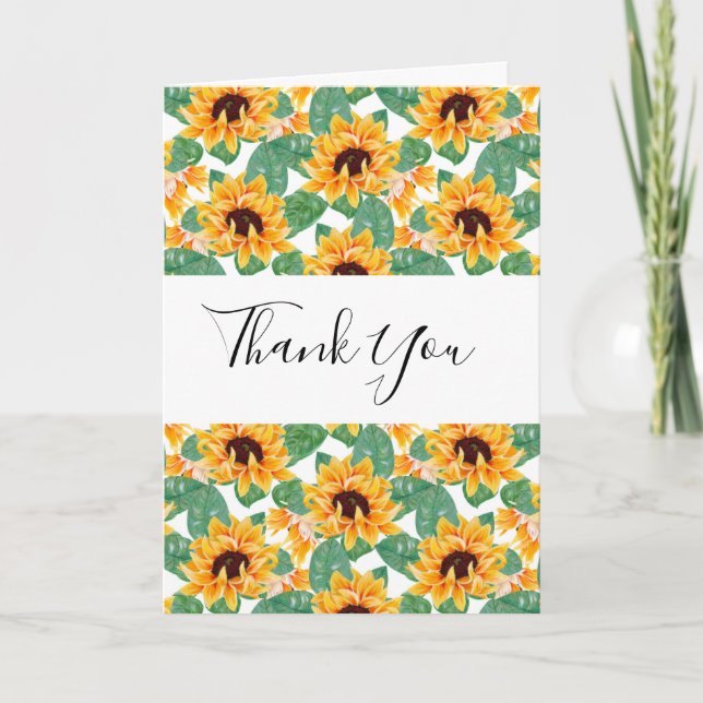 Pretty Sunflower Pattern Yellow & Green Thank You Card (Front)