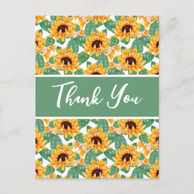 Pretty Sunflower Pattern Yellow & Green Thank You Postcard (Front)