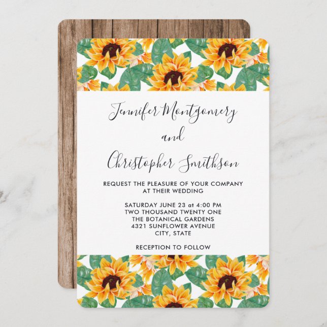 Pretty Sunflower Pattern Yellow & Green Wedding Invitation (Front/Back)