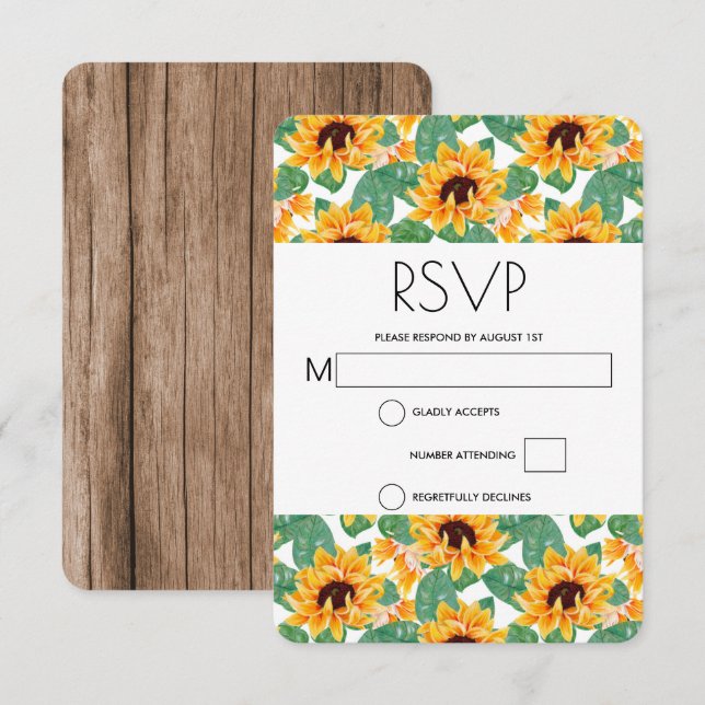 Pretty Sunflower Pattern Yellow & Green Wedding RSVP Card (Front/Back)