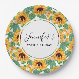 Pretty Sunflower Yellow & Green Pattern Birthday Paper Plates