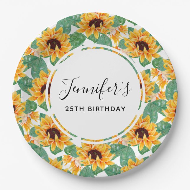Pretty Sunflower Yellow & Green Pattern Birthday Paper Plates (Front)