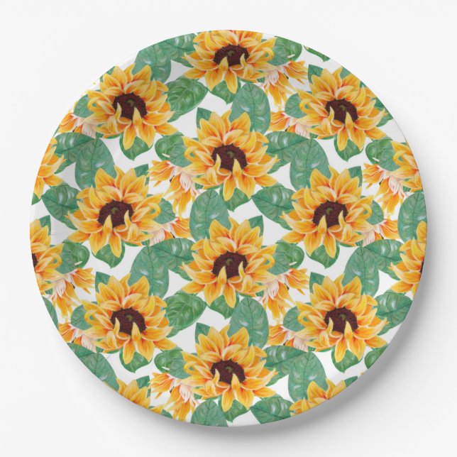 Pretty Sunflower Yellow & Green Pattern Paper Plates (Front)
