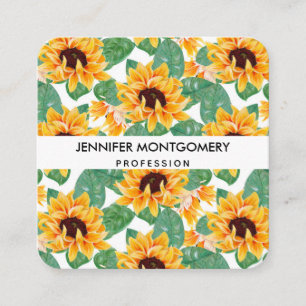 Pretty Sunflower Yellow & Green Pattern Square Business Card