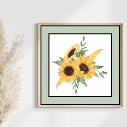 Pretty Sunflowers Black Lines Pale Green Border Poster