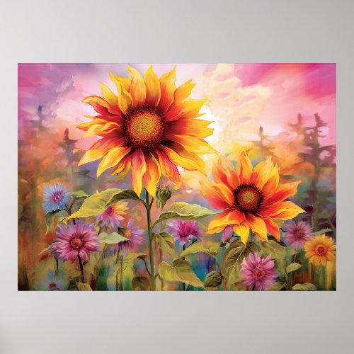 Pretty Sunflowers in Field of Colorful Flowers Poster