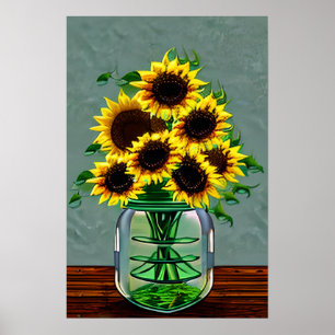 Pretty Sunflowers in Glass Vases Poster