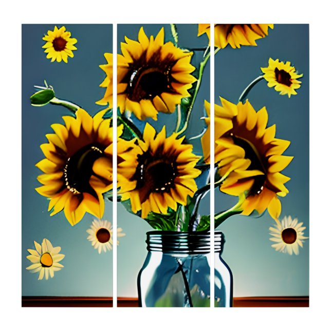 Pretty Sunflowers in Glass Vases Triptych (Front)
