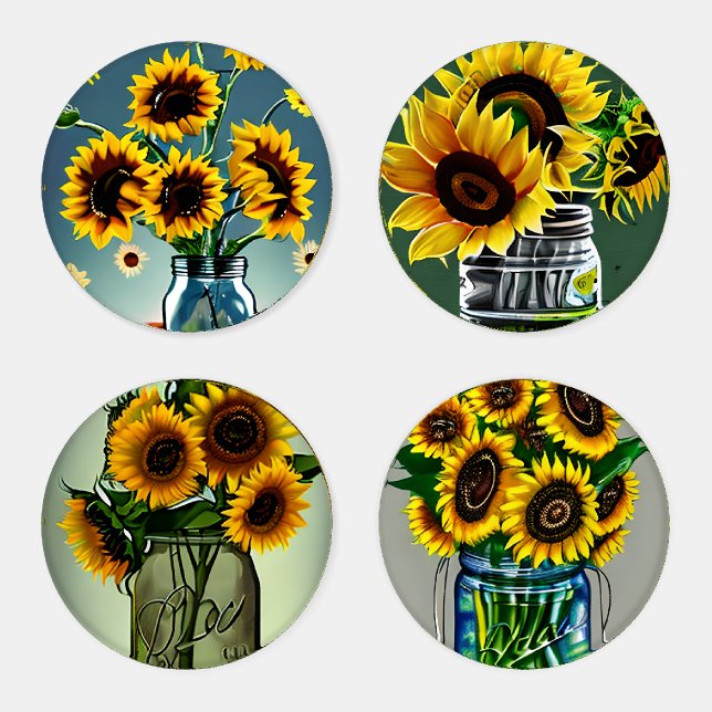 Pretty Sunflowers in Mason Jars Art Coaster Set (Set)