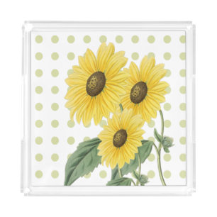 Pretty Sunflowers Light Green Polkadots on White Acrylic Tray