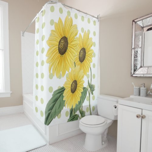 Pretty Sunflowers Light Green Polkadots on White Shower Curtain
