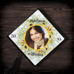 Pretty Sunflowers Photo with Name and Class Year Graduation Cap Topper<br><div class="desc">This graduation cap topper design features your graduate's photo surrounded by a pretty watercolor sunflower illustration with simply typography. This topper has your graduate's name and class of (year). These graduation cap toppers make a wonderful keepsake and are a great way to personalize your cap without doing anything permanent to...</div>