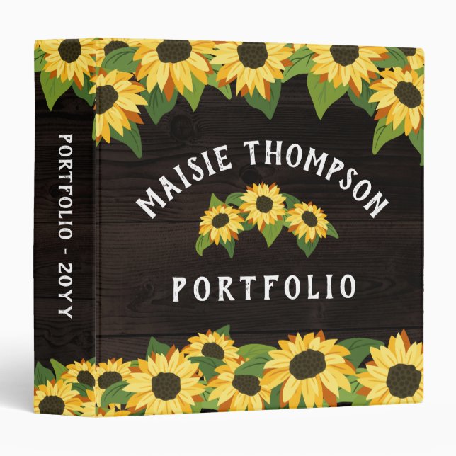 Pretty Sunflowers & Rustic Wood Name 3 Ring Binder (Front/Spine)