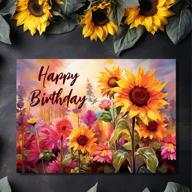 Pretty Sunflowers with Colorful Flowers Birthday Card (Front - Pretty Sunflowers with Colorful Flowers Birthday Card)