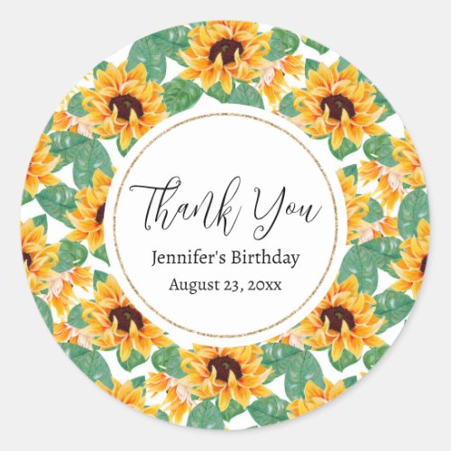 Pretty Sunflowers Yellow  Green Pattern Birthday Classic Round Sticker