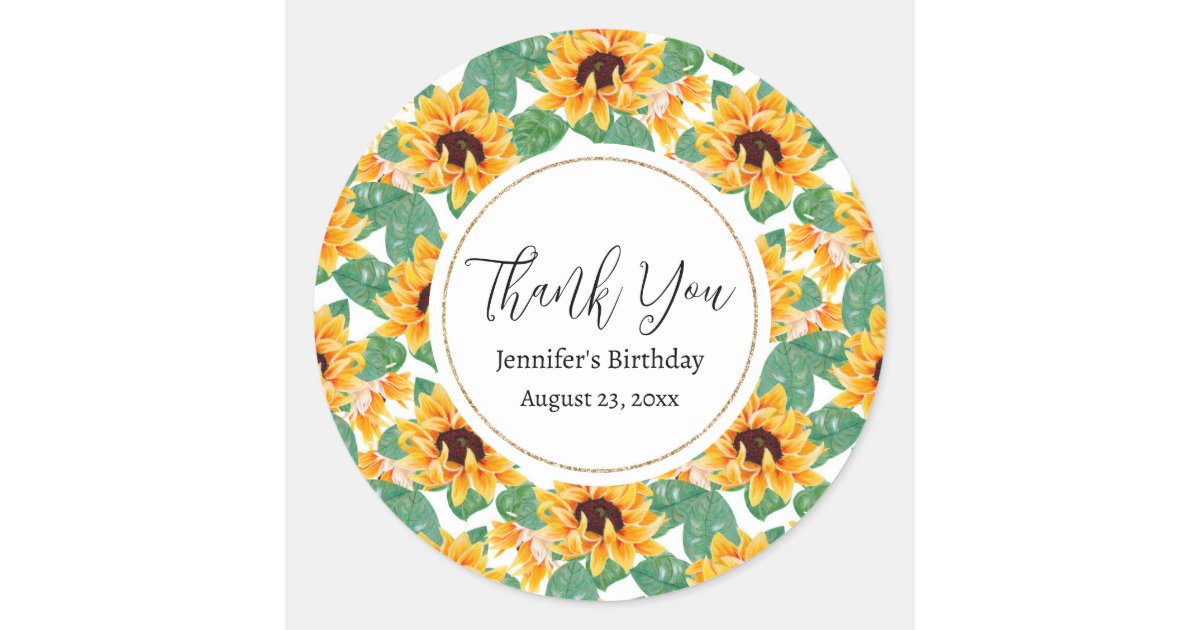 Pretty Sunflowers Yellow & Green Pattern Birthday Classic Round Sticker ...
