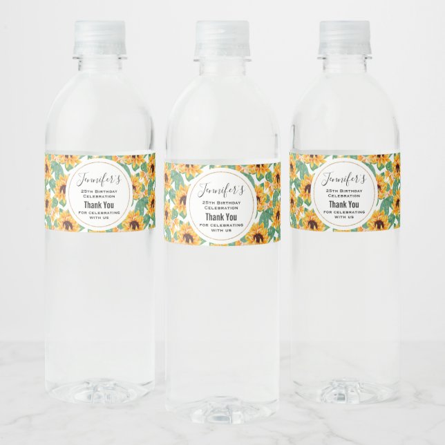 Pretty Sunflowers Yellow & Green Pattern Birthday Water Bottle Label (Bottles)