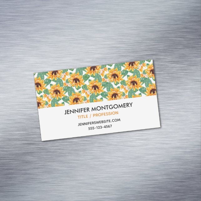 Pretty Sunflowers Yellow & Green Pattern Business Card Magnet (In Situ)