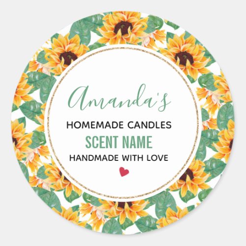 Pretty Sunflowers Yellow  Green Pattern Candle Classic Round Sticker