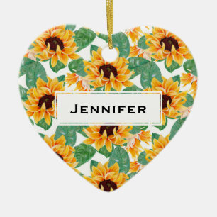 Pretty Sunflowers Yellow & Green Pattern Ceramic Ornament