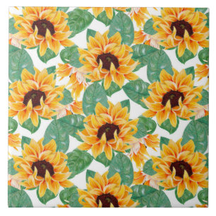Pretty Sunflowers Yellow & Green Pattern Ceramic Tile