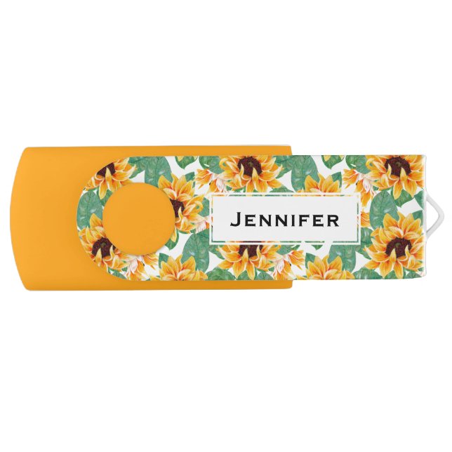 Pretty Sunflowers Yellow & Green Pattern Flash Drive (Front)