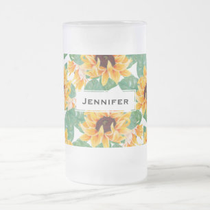 Pretty Sunflowers Yellow & Green Pattern Frosted Glass Beer Mug