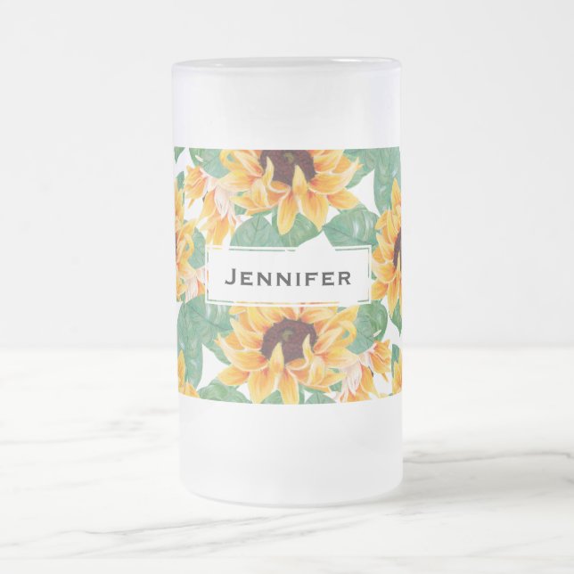 Pretty Sunflowers Yellow & Green Pattern Frosted Glass Beer Mug (Center)