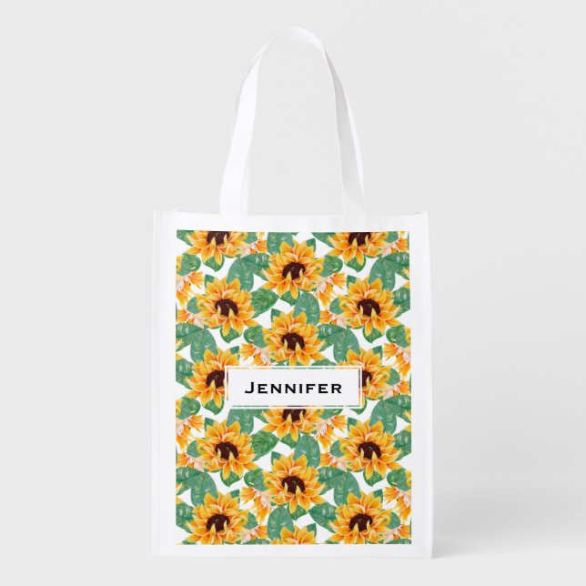 Pretty Sunflowers Yellow & Green Pattern Grocery Bag (Front)