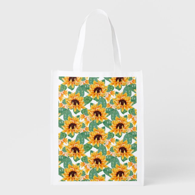 Pretty Sunflowers Yellow & Green Pattern Grocery Bag (Front)