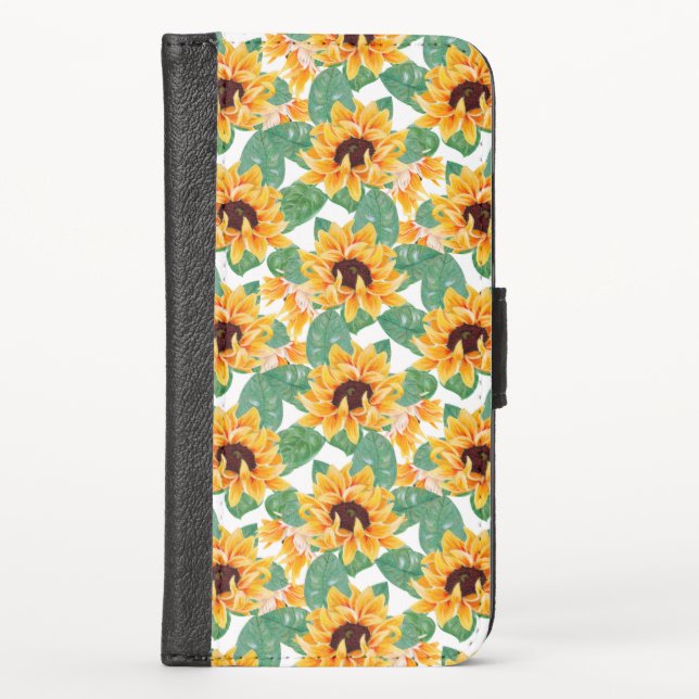 Pretty Sunflowers Yellow & Green Pattern iPhone Wallet Case (Front)