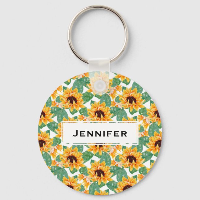 Pretty Sunflowers Yellow & Green Pattern Keychain (Front)