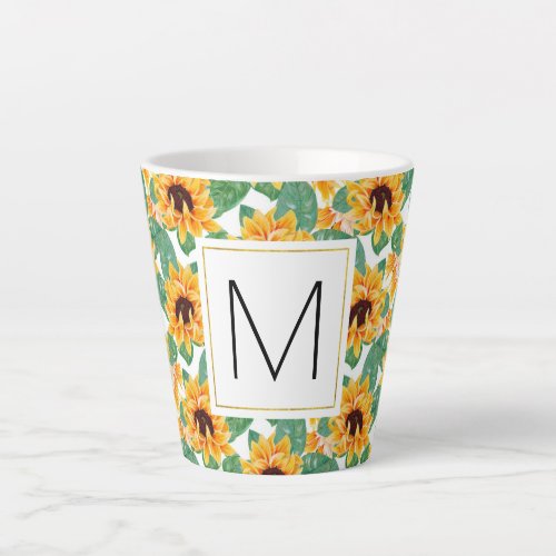 Pretty Sunflowers Yellow  Green Pattern Monogram Latte Mug