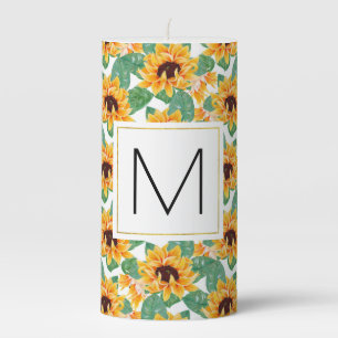 Pretty Sunflowers Yellow & Green Pattern Monogram Pillar Candle