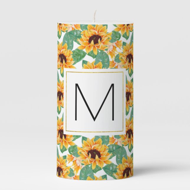 Pretty Sunflowers Yellow & Green Pattern Monogram Pillar Candle (Front)