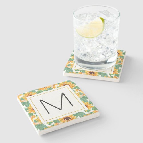 Pretty Sunflowers Yellow  Green Pattern Monogram Stone Coaster