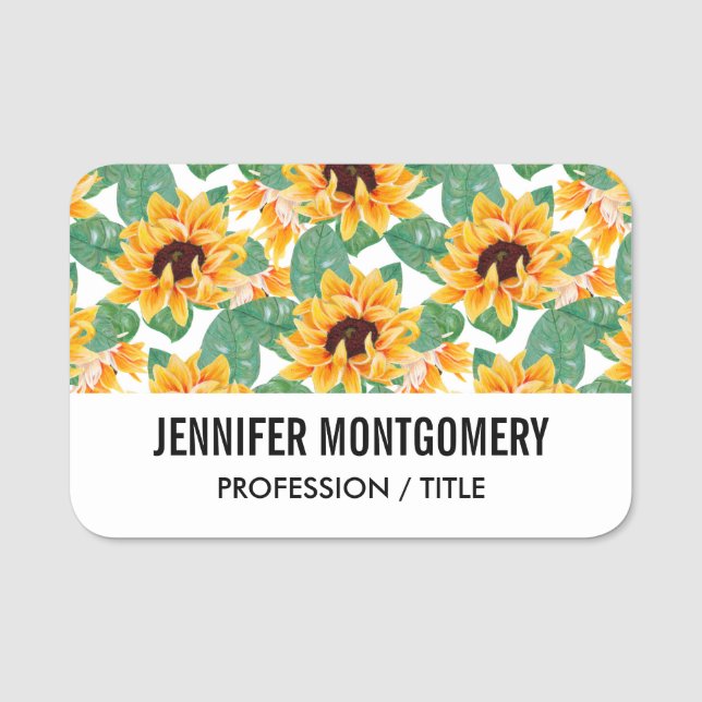 Pretty Sunflowers Yellow & Green Pattern Name Tag (Front)