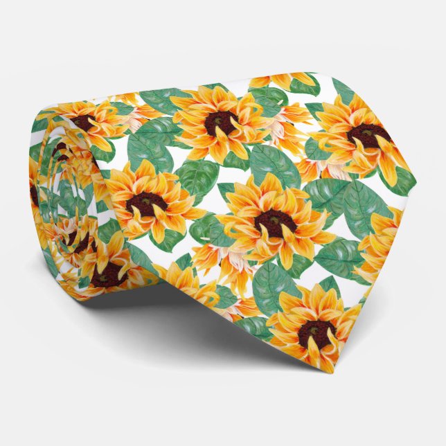 Pretty Sunflowers Yellow & Green Pattern Neck Tie (Rolled)