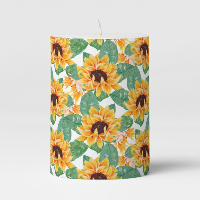 Pretty Sunflowers Yellow & Green Pattern Pillar Candle (Front)