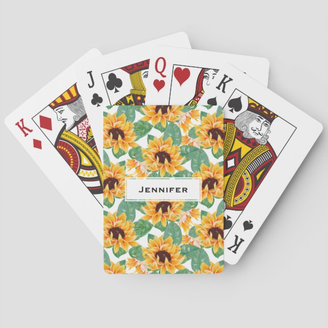 Pretty Sunflowers Yellow & Green Pattern Poker Cards (Back)