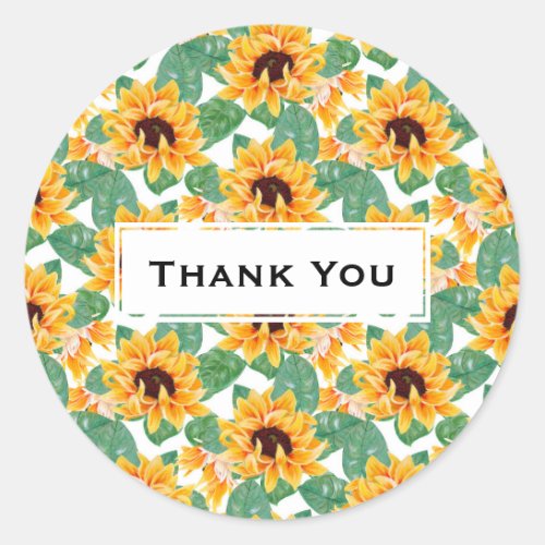 Pretty Sunflowers Yellow  Green Pattern Thank You Classic Round Sticker