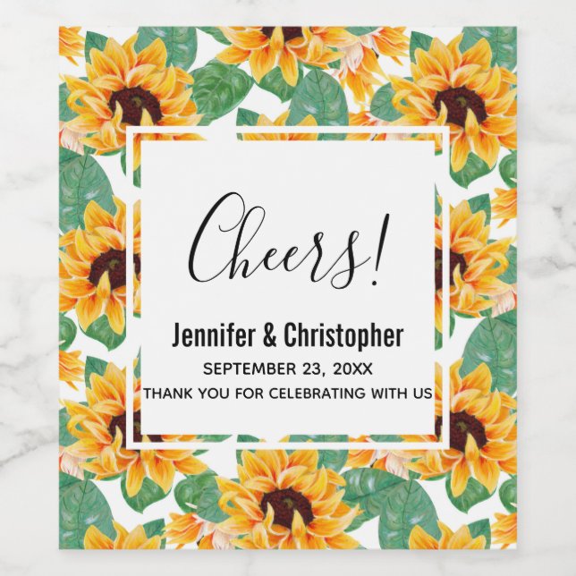 Pretty Sunflowers Yellow & Green Pattern  Wedding Wine Label (Single Label)