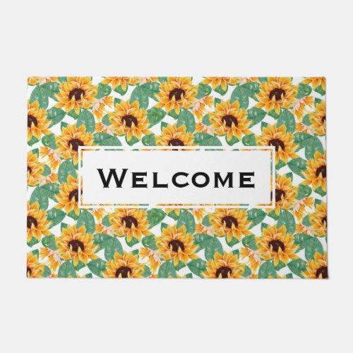 Pretty Sunflowers Yellow  Green Pattern  Welcome Doormat