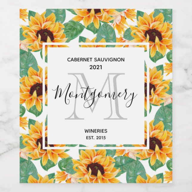 Pretty Sunflowers Yellow & Green Pattern Winery Wine Label (Single Label)