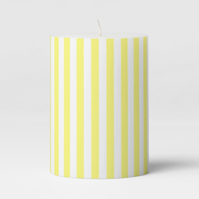 Pretty Sunny Yellow & White Stripes Custom Pillar Candle (Front)