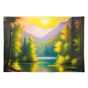 Pretty Sunrise over snow covered mountains lake Cloth Placemat