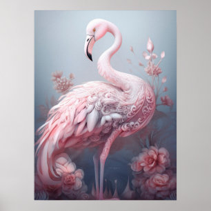 Pretty Surreal Abstract Pink Flamingo on Grey Poster